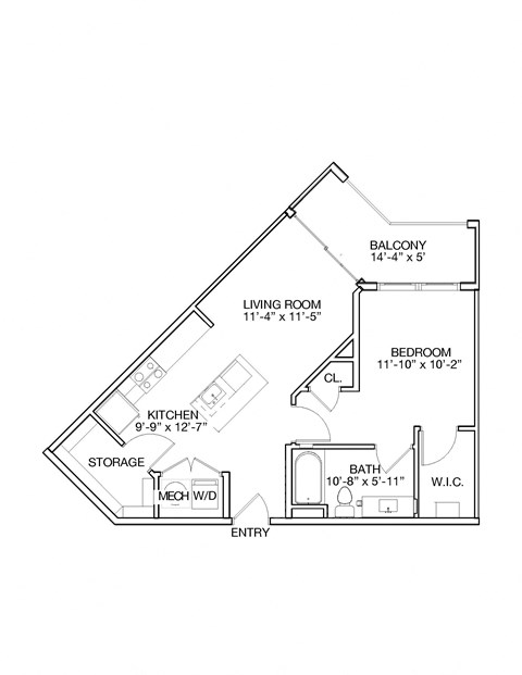 Floor plan for 1 bed, 1 bath, 705 sqft